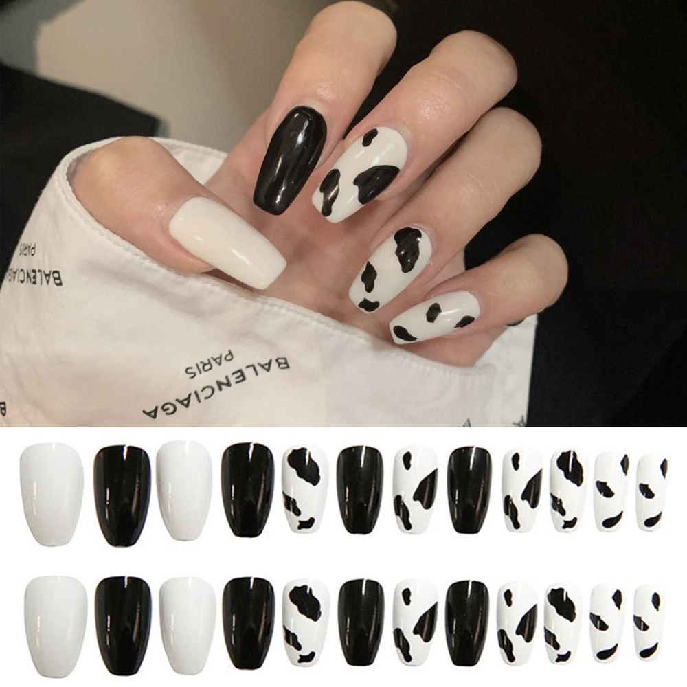 Cow Print Fake Nails Black White Coffin Black Spots False Nail Uv Design Gel French Cute Summer Fake Nails False Nails Aliexpress