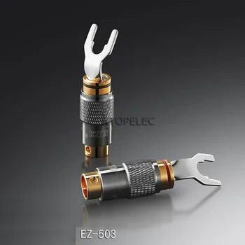 

2pcs EIZZ Rhodium Plated Pure Red Copper Y Fork Speaker Spade Plug Connector 24K Gold Plated Body Screw Fix HiFi Audio CD TV AMP