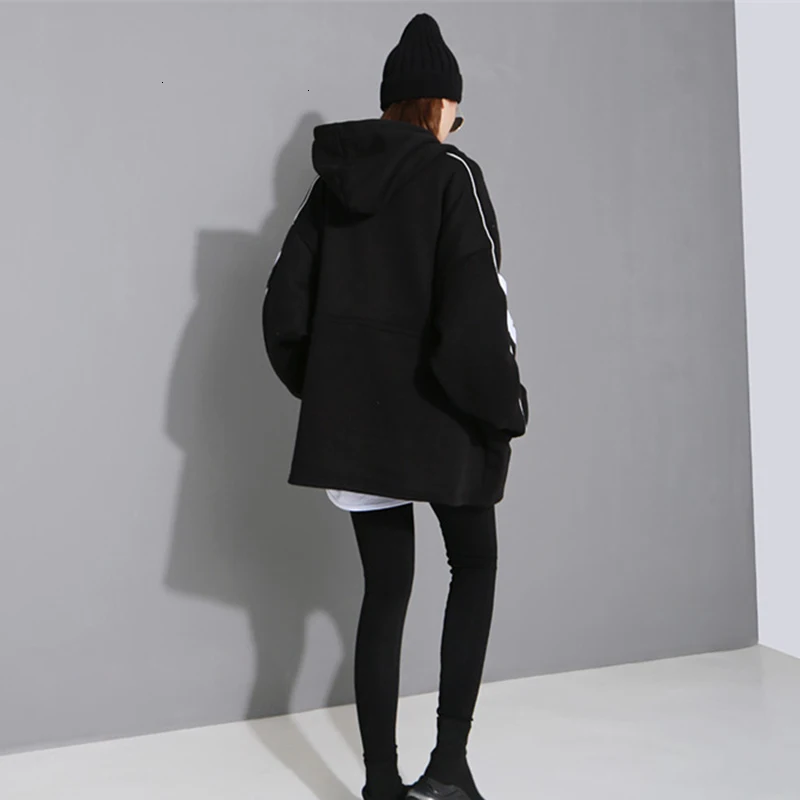 GALCAUR Print Hit Color Sweatshirts Female Hooded Collar Lantern Long Sleeve Drawstring Casual Autumn Sweatshirt Women Tide New