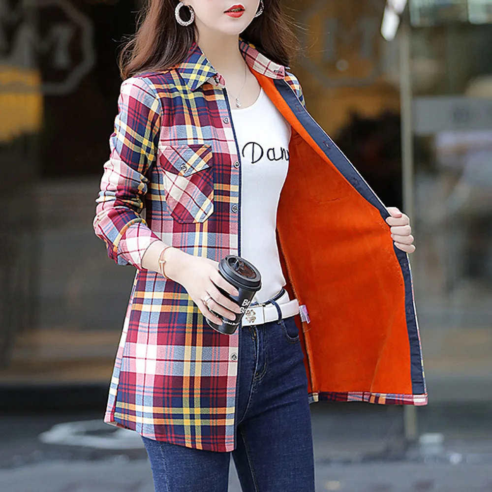 Warm Fleece Winter Blouse Shirt Thicken Fashion Plaid Vintage Office Basic Tops Ladies Blouses Long Sleeve Casual Shirts