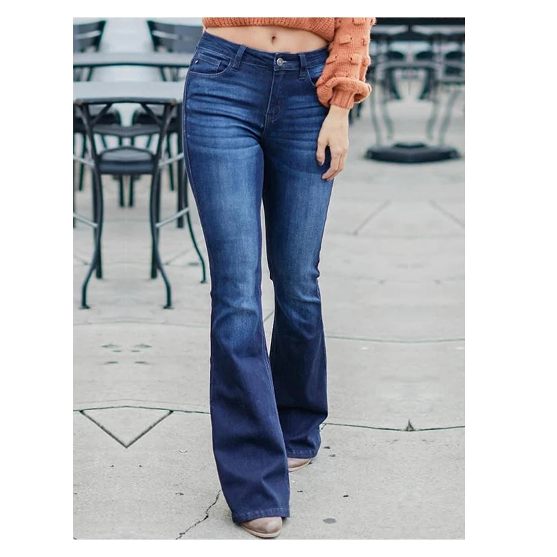 

High Waist Flare Women Jeans Skinny Washed Button Slim Solid Color Women's Pants Fashion Vintage New Bell Bottomed Trousers