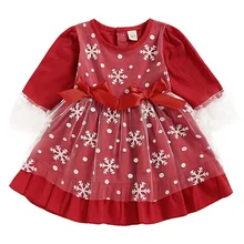 Рождественское платье для маленьких девочек Красное Кружевное многослойное платье с длинными рукавами и принтом снежинки одежда для свадебного торжества для девочек атласные платья с бантом D20