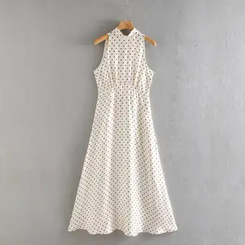 

women elegant stand collar polka dot print a line midi dress ladies sleeveless back bow tied vestidos chic vest dresses DS3496