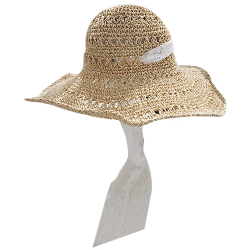 Летние шляпы для женщин, соломенная шляпа от солнца для девушек, кружевная пляжная шляпа с бантом из ленты, женская складная шляпа для путешествий - Цвет: Beige