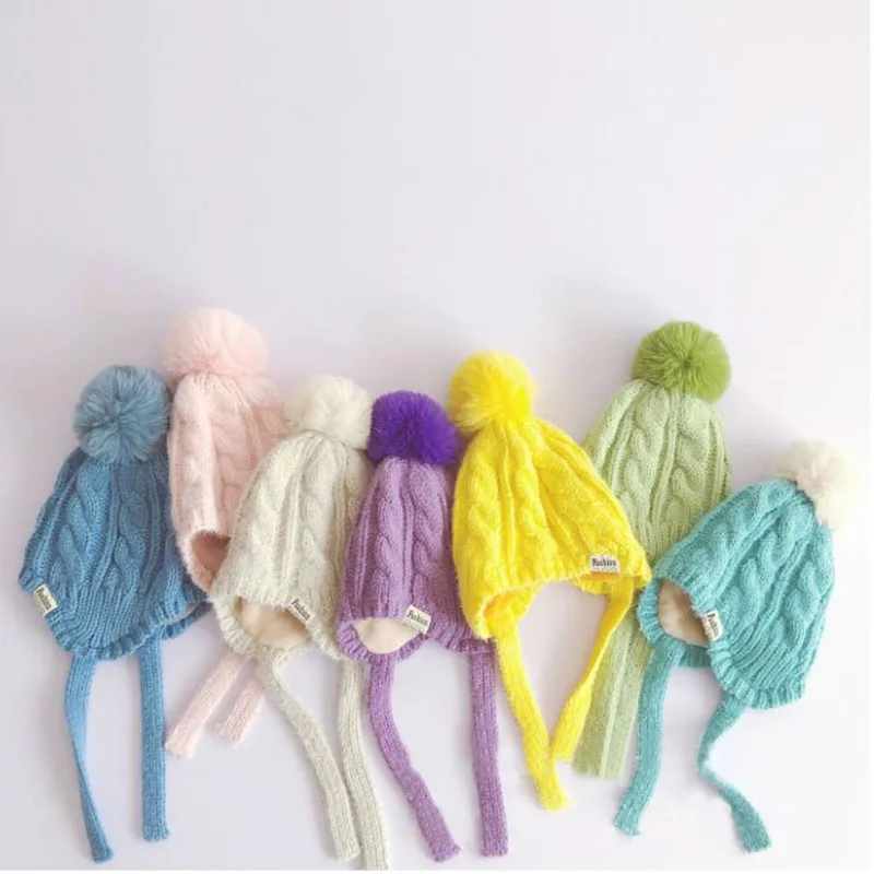 Baby Hat Plush Keep Warm Kinitted Wool Hats Korean Style Lovely Autumn Winter Kids Beanie Boys Girls Hemming Caps | Детская одежда и