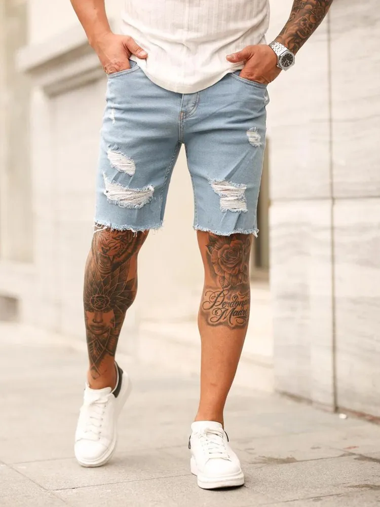 Men Stretchy Ripped Skinny Biker Embroidery Print Jeans 2021 New Style Destroyed Hole Taped Slim Fit High Quality Denim Shorts maamgic sweat shorts Casual Shorts