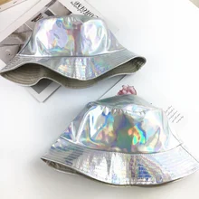 Новая модная летняя двухсторонняя Серебристая Светоотражающая шапка для женщин и мужчин, блестящая металлическая Лазерная кожаная Панама, рыбацкая шляпа