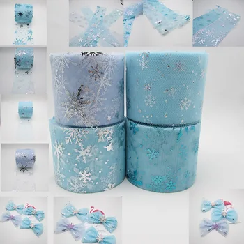 

25Yard 6cm Snowflake Glitter Printed Organza Tulle Rolls for Christmas Decoration Frozen Party DIY Handmade Headwear Accessories