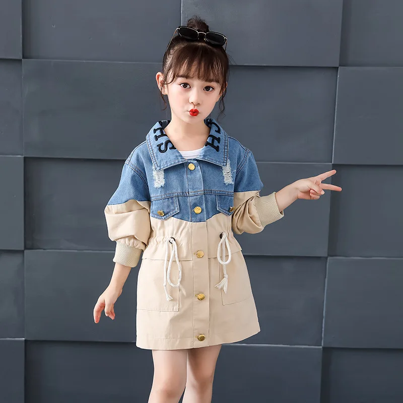 Spring Clothing Jeans Coat for Girls Denim Jackets Cartoon Children Outerwear Kid Active Autumn Clothes Teenager Long Trench Top