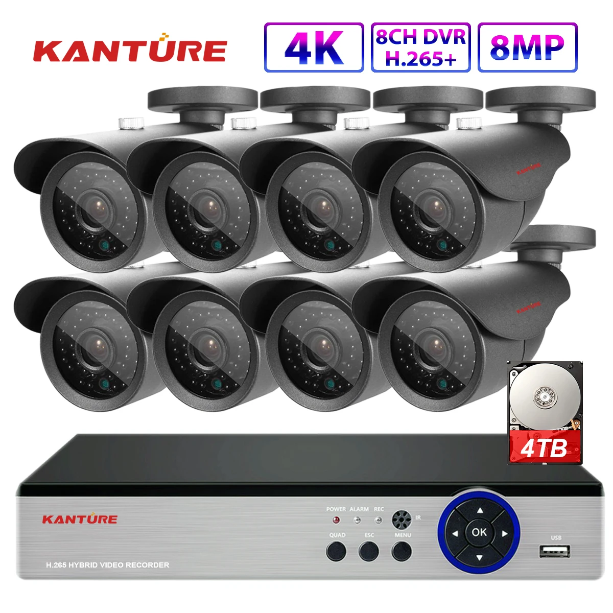 KANTURE h.265 + 4CH 8CH 4K Ultra HD cctv dvr система 8MP камера ночного видения комплект