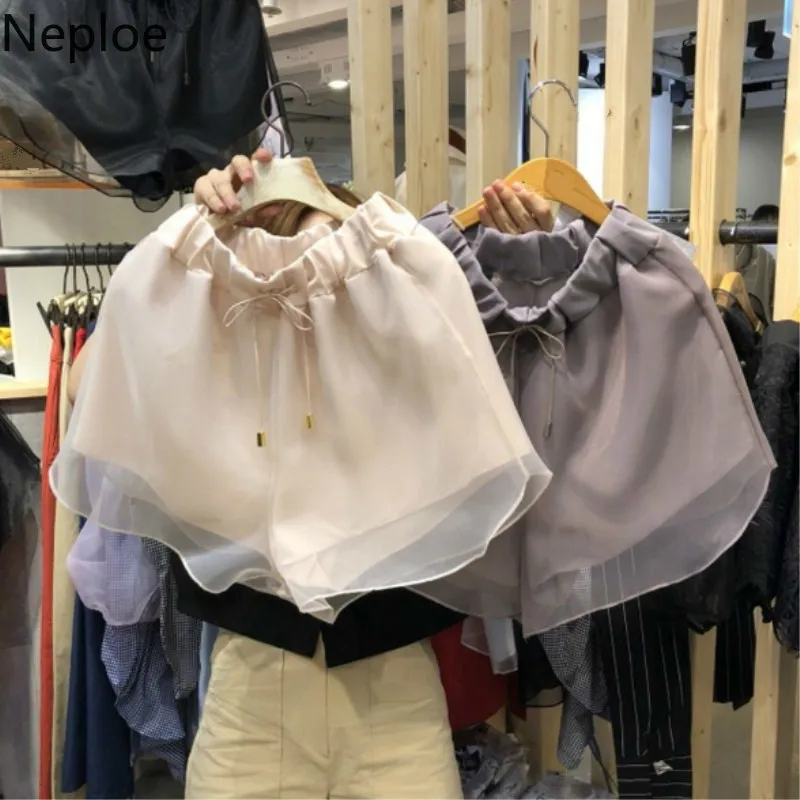 

Neploe Mesh Patchwork Women Shorts Summer 2019 New Stretch Waist Drawstring Short Feminino Loose Wide Leg Slim Fit Shorts 45318