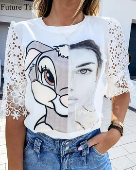 

Future Time Face Stitching Rabbit Lace Hollowed Short Sleeved T-shirt Women Casual Street Style Top Party Hip Hop T-shirt SP727