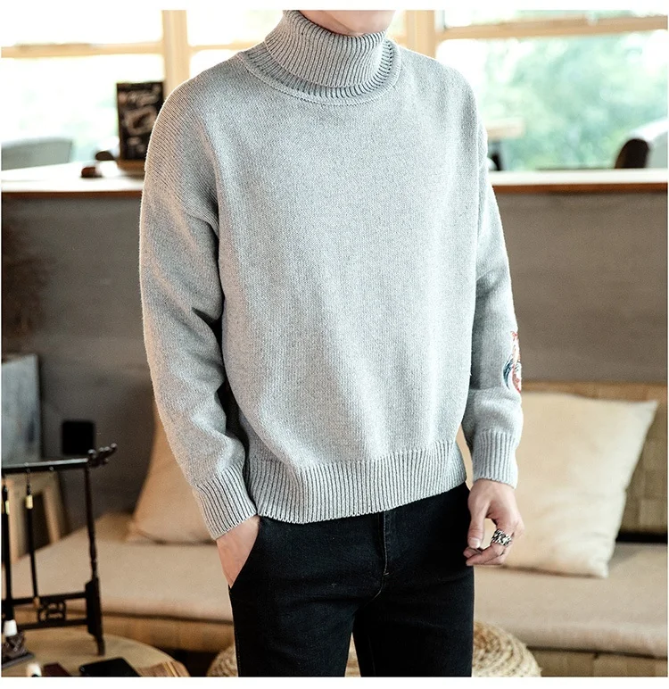 Zongke Carp Embroidery Turtleneck Men Sweater Turtle Neck Men Pullover Sweater Men Coat XXXL Autumn Winter Man Sweaters