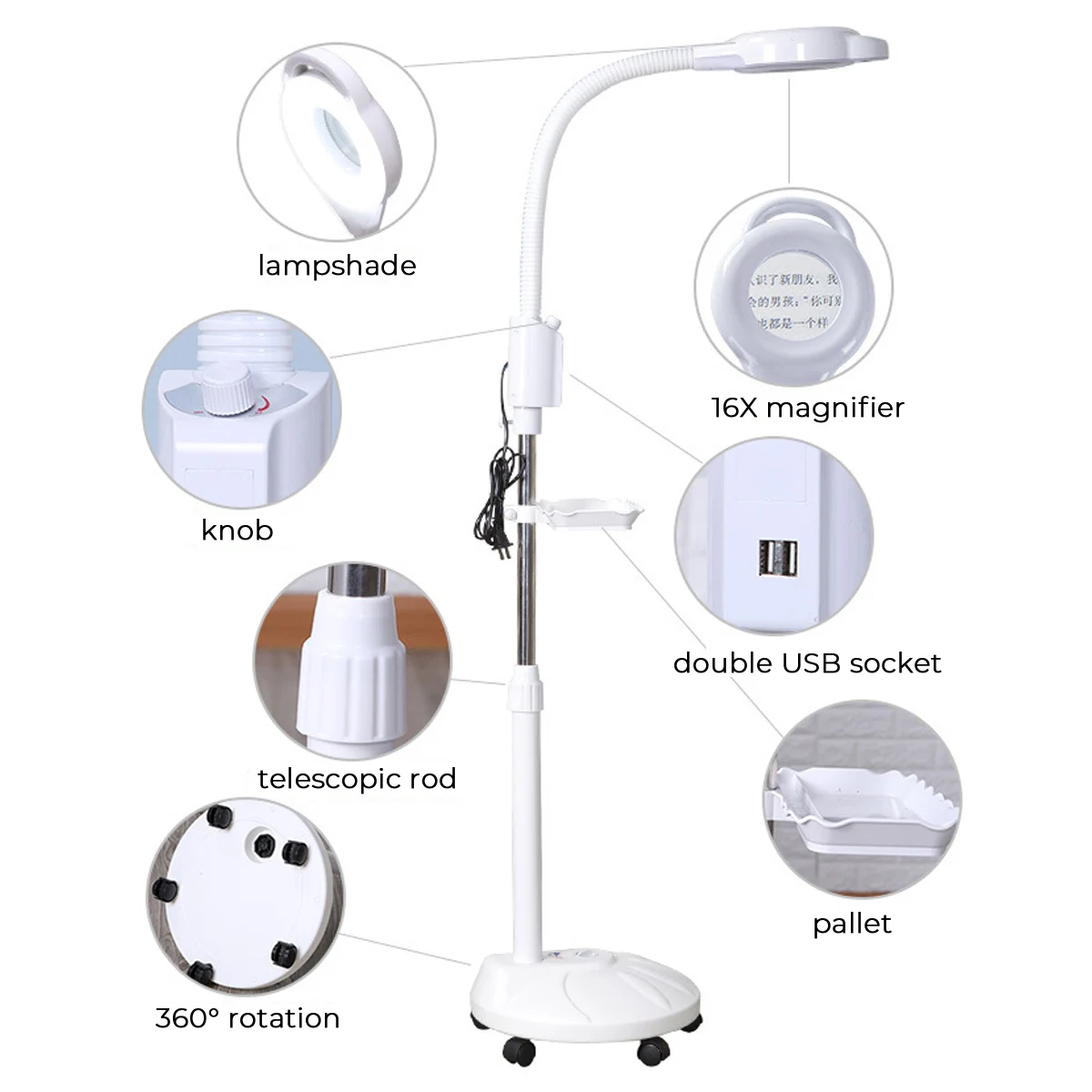  16X Diopter LED Magnifying Floor Stand Lamp Magnifier Glass Cold Ligth Len Facial Light For Beauty  - 4000291831453