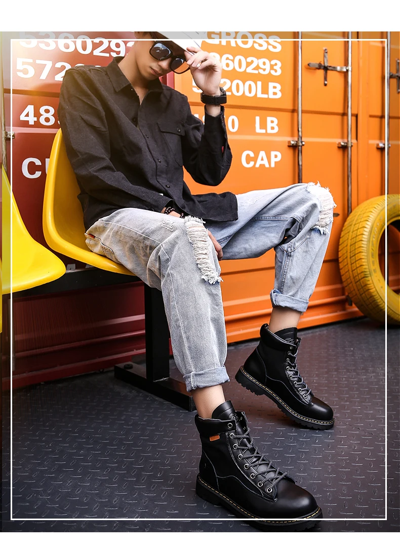 Men anti-slip breathable ankle boots waterproof high street fashion doc martens boots black grey brown lace up round-toe motorcycle boots soft comfortable work shoes safety (14)