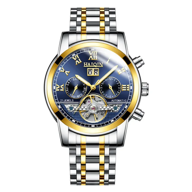 HAIQIN механические модные Tourbillon мужские часы из нержавеющей стали с дисплеем недели полностью водонепроницаемые часы с календарем Мужские часы - Цвет: Gold-blue
