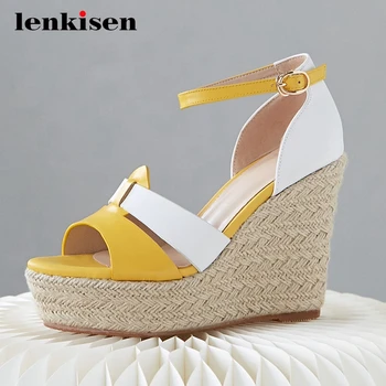 

Lenkisen straw mixed color thick bottom high quality handmade fashion peep toe wedges super high heel buckle straps sandals L2f0