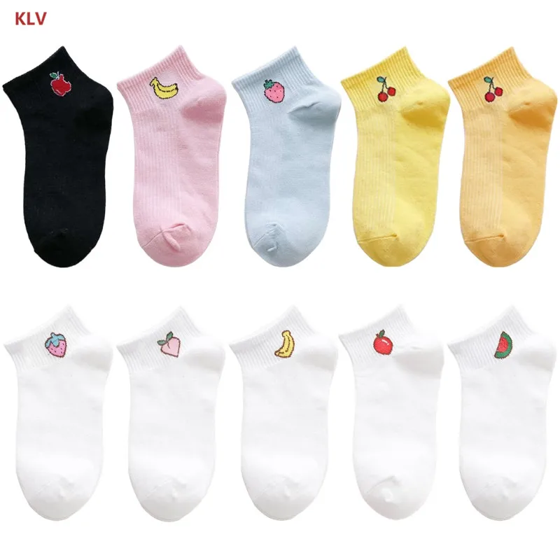

KLV Women Girls Boat Ankle Socks Low Cut Fruit Embroidery Summer Casual Candy Color