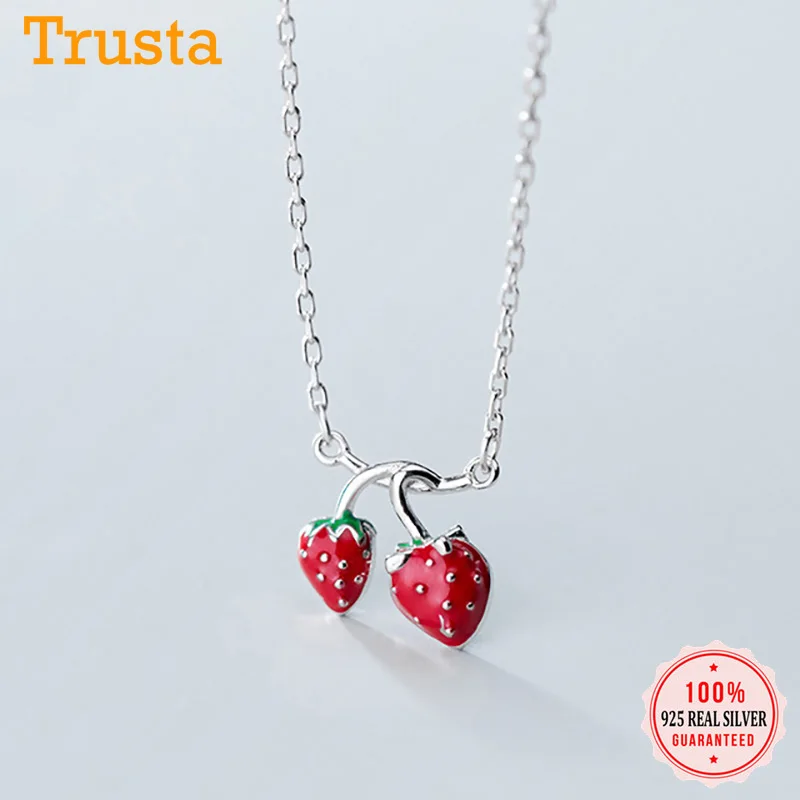 Trusta Genuine Fashion 925 Sterling Silver Sweet Cute Fruit Strawberry Pendant Short Necklace For Women Girl Jewelry Gift DS2660 | Украшения