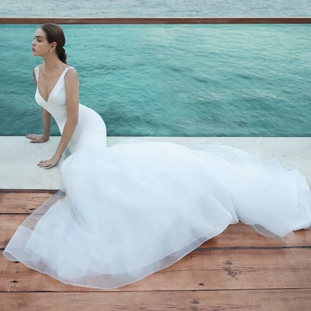 Abito da Sposa Белое Атласное свадебное платье русалки 2019 простое Vestido de novia sirena Иллюзия сзади роскошный халат de Mariee