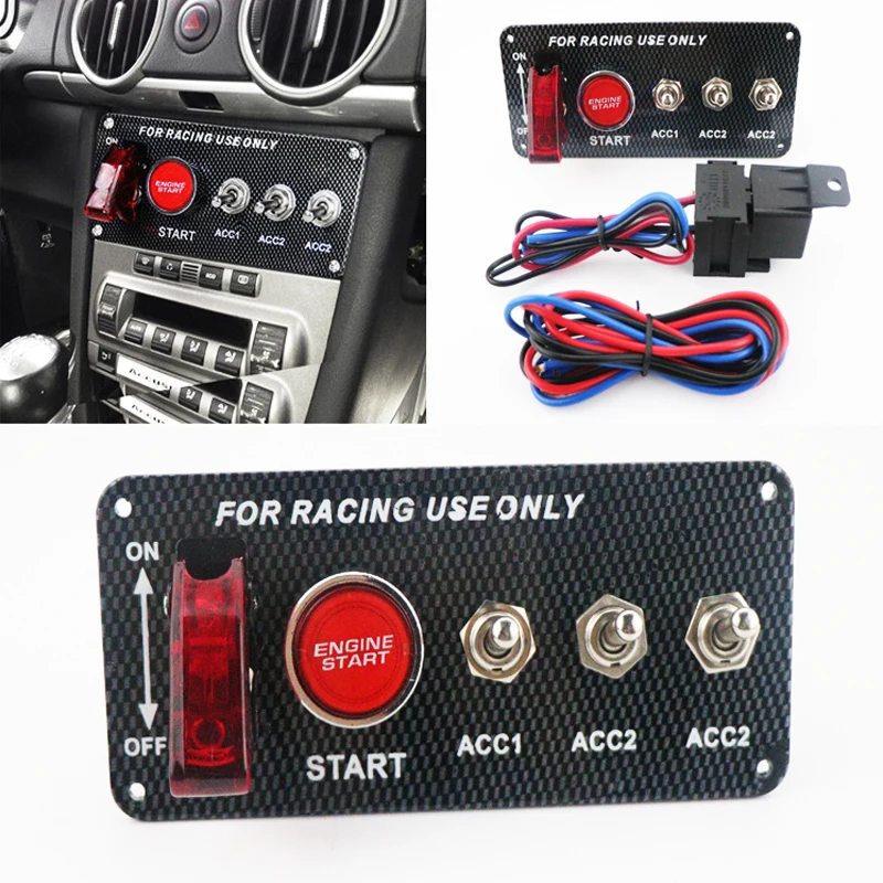 

12V LED Ignition Switch Panel for Racing Car Engine Start Push Button LED Toggle Switch Carbon Fiber
