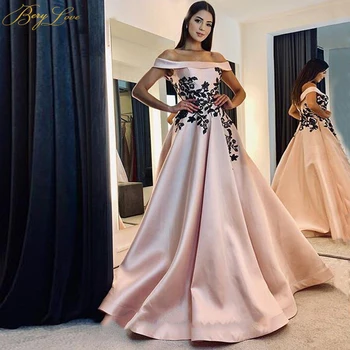 

Champagne Evening Dress 2020 Long Custom Black Lace Appliques Formal Evening Gown Off Shoulder Prom Party Dress Skirt Horse Hem