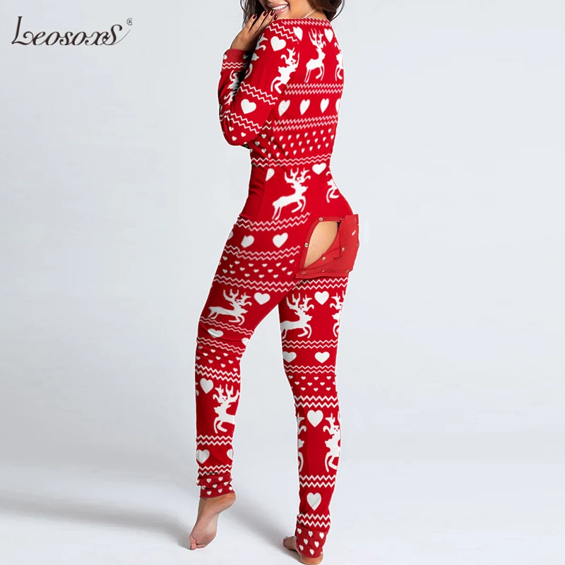 

New Christmas Animal Print Jumpsuit Women Casual Long Sleeve Button-down Front Functional Buttoned Flap Adults Playsuit Pajamas