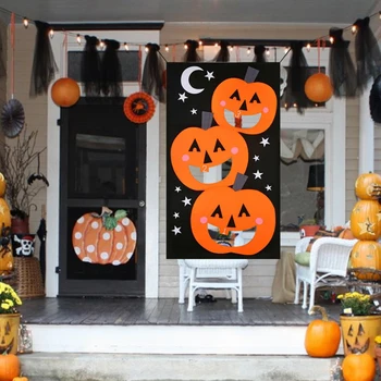 

Halloween Pumpkin Hanging Toss Game Felt Banner Curtain with 3 Bean Bags for Adults Kids Party Decorations Supplies