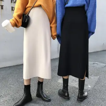 

Women Autumn Winter Solid Color High Waist Slim Slit Warm A-line Knitted Skirt Women Autumn Winter Slim A-line Knitted Skirt