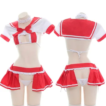 

Japanese Women's Anime Lingerie Set Bowknot Nurse Uniform Cute Ruffle Tied Underwear Bikini Sets Cosplay School Girl Costume