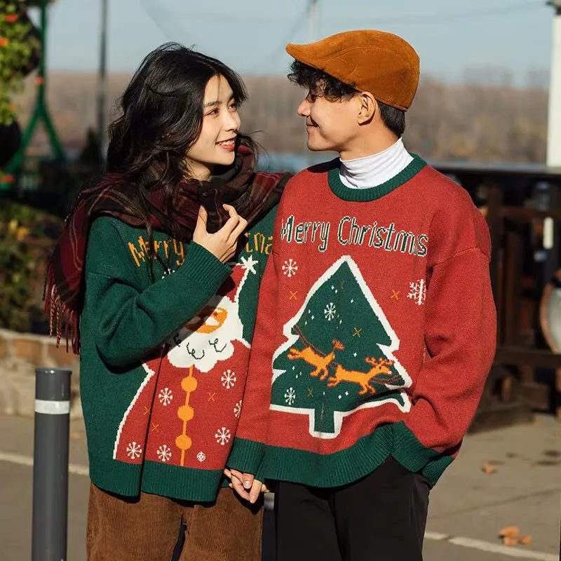 

Women Sweater Christmas Couple Sweater Red Green O-Neck Long Sleeve Casual Knitted Sweater Men Pullover jumper