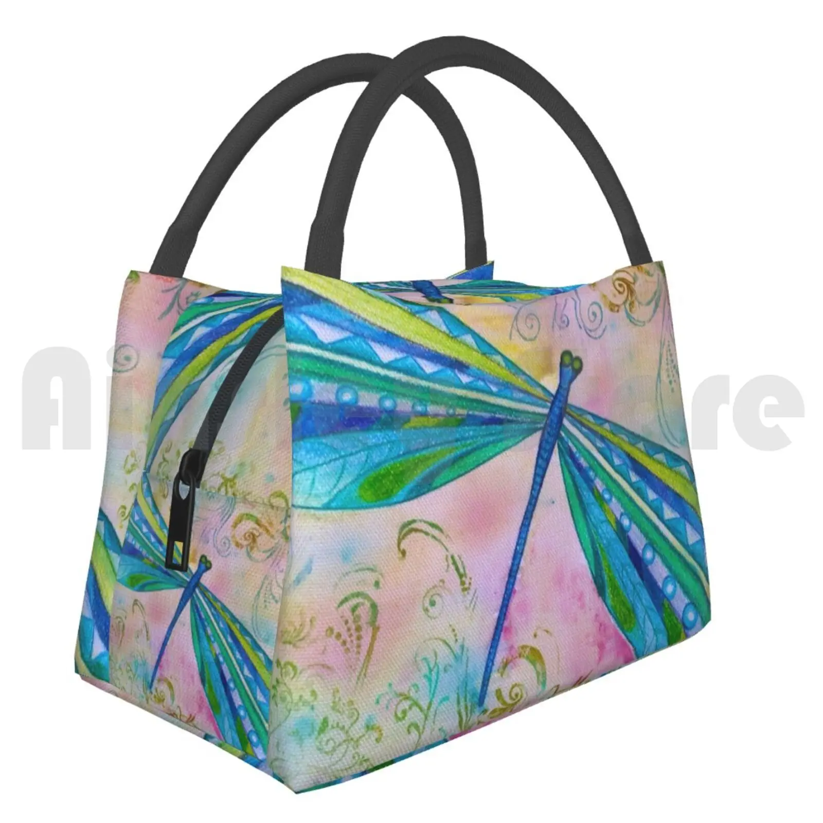 

Portable Insulation Bag Dragonfly Ii Painting Dragonfly Damselfly Insect Nature Plants Flowers Green Purple Lilac
