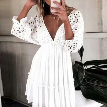 

sexy v neck hollow out white beach sundress women summer batwing sleeve lace mini dresses party vestidos fashion 2020
