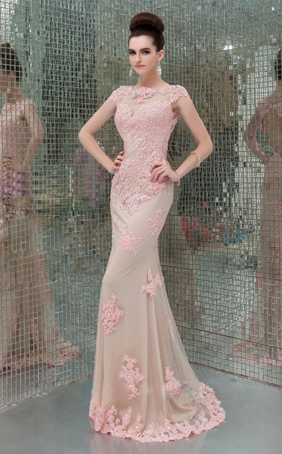 same as picture Elegant Bodycon Sheath Lace Sleeves Prom Party Dresses See Through Open Back Vestidos De Fiesta Free Shipping Satin YL501 - Цвет: same as picture