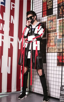 

S-XL!Rock hip hop personality male singer performance clothing nightclub male hollow leather ribbon trench coat jacket bar male