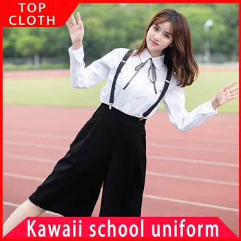 

Girl Japanese Style School Uniforms Famale Long Short 2style Sleeve Graduate Party Outside Photography Suspender Trousers Sets