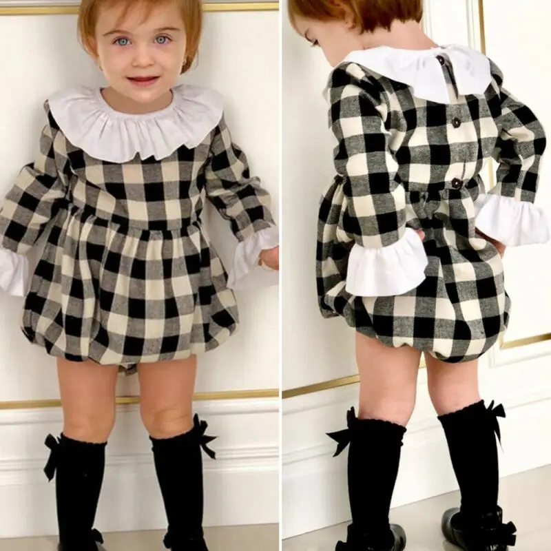 

Toddler Baby Girl Clothes Plaids Flared Sleeve Romper Jumpsuit Overall Outfits One-Pieces Princess Party Clothes