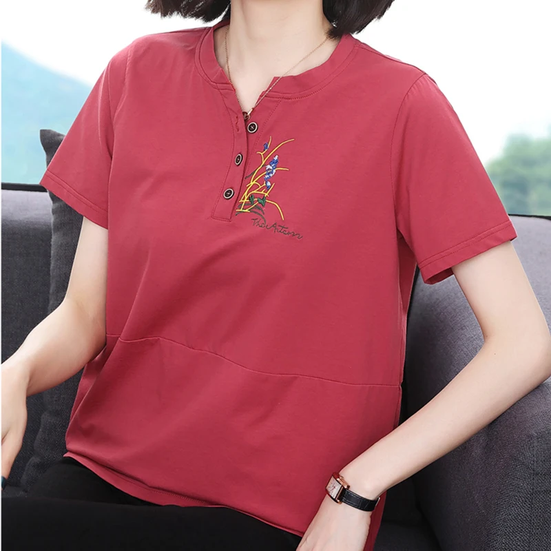 価格順 シンタイムズ 女性のためのボタン付きの刺繍入りtシャツ 半袖トップ 韓国の綿のブラウス 婦人服21 格安買取 相場 Medtech Tinderpoint Com