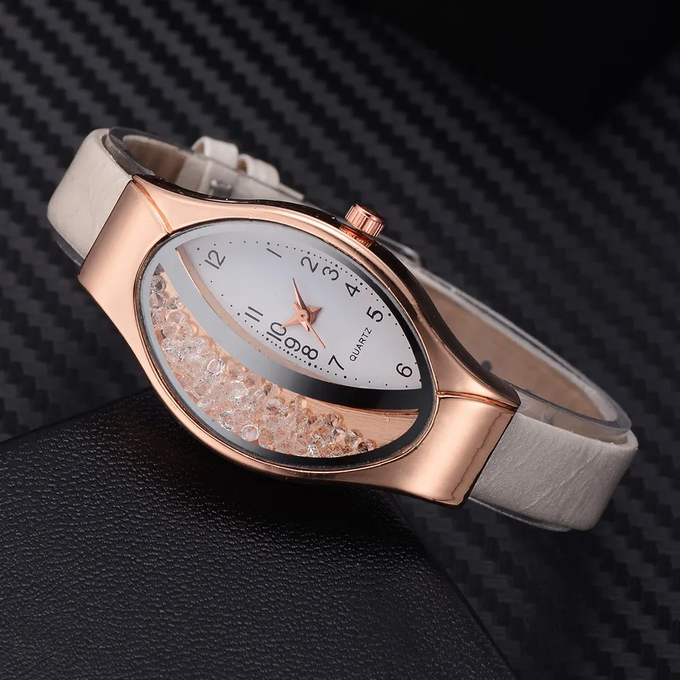 Women Fashion Luxury Watch Leather Strap Women Bracelet Clock Ellipse Rhinestone PU Sport Quartz Watch Wrist Watches For Women