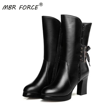 

MBR FORCE High-heeled genuine leather women winter boots thick wool warm woman female boots high-quality female snow boots black