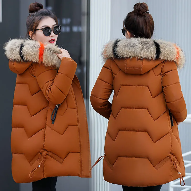 Женское пальто с капюшоном, зимние парки, новая женская куртка, верхняя одежда с меховым воротником, женское хлопковое Стеганое теплое плотное длинное пальто 253 - Цвет: caramel colour