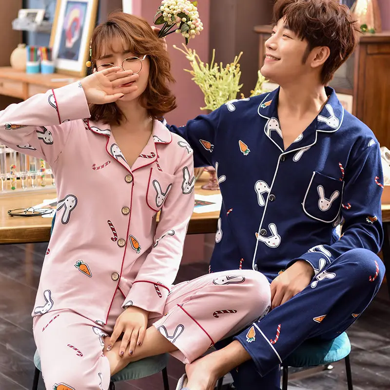 

Lovers Spring New 2PCS Pajamas Set Nightwear COTTON Couple Pijamas Sleepwear Lapel Long Sleeve Shirts&Pants Casual Home Wear