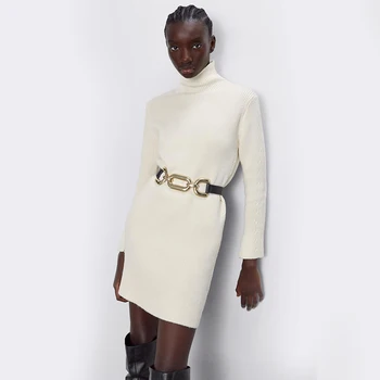 

2019 ZA Women Knit Sweater Pullover Autumn Winter High Collar Long Sleeve Bottoming Dress White Office Lady Elegant Wholesale