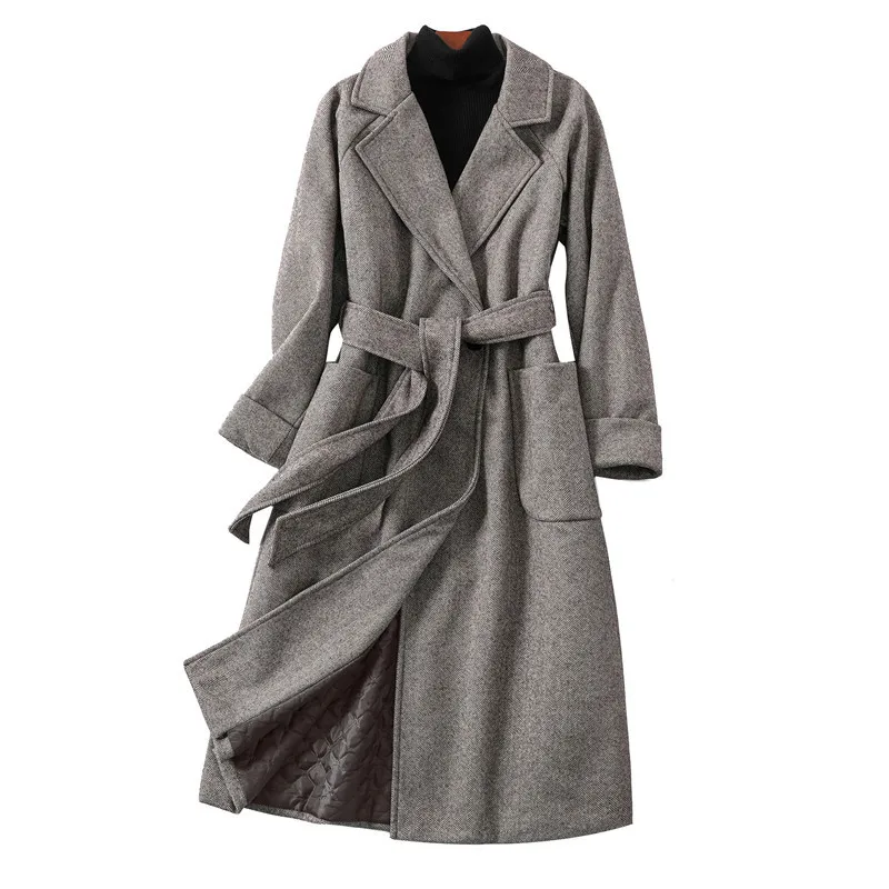 Autumn Winter Women's Jacket New Fashion Long Woolen Coat Loose Large Size Warm Wool Female Basic Jackets Outerwear Belt | Женская