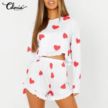Loose Pijamas Sets Celmia 2021 Summer Fashion Print Women Sleepwear Long Sleeve Ruffles Casual Loose Home Wear Pajama