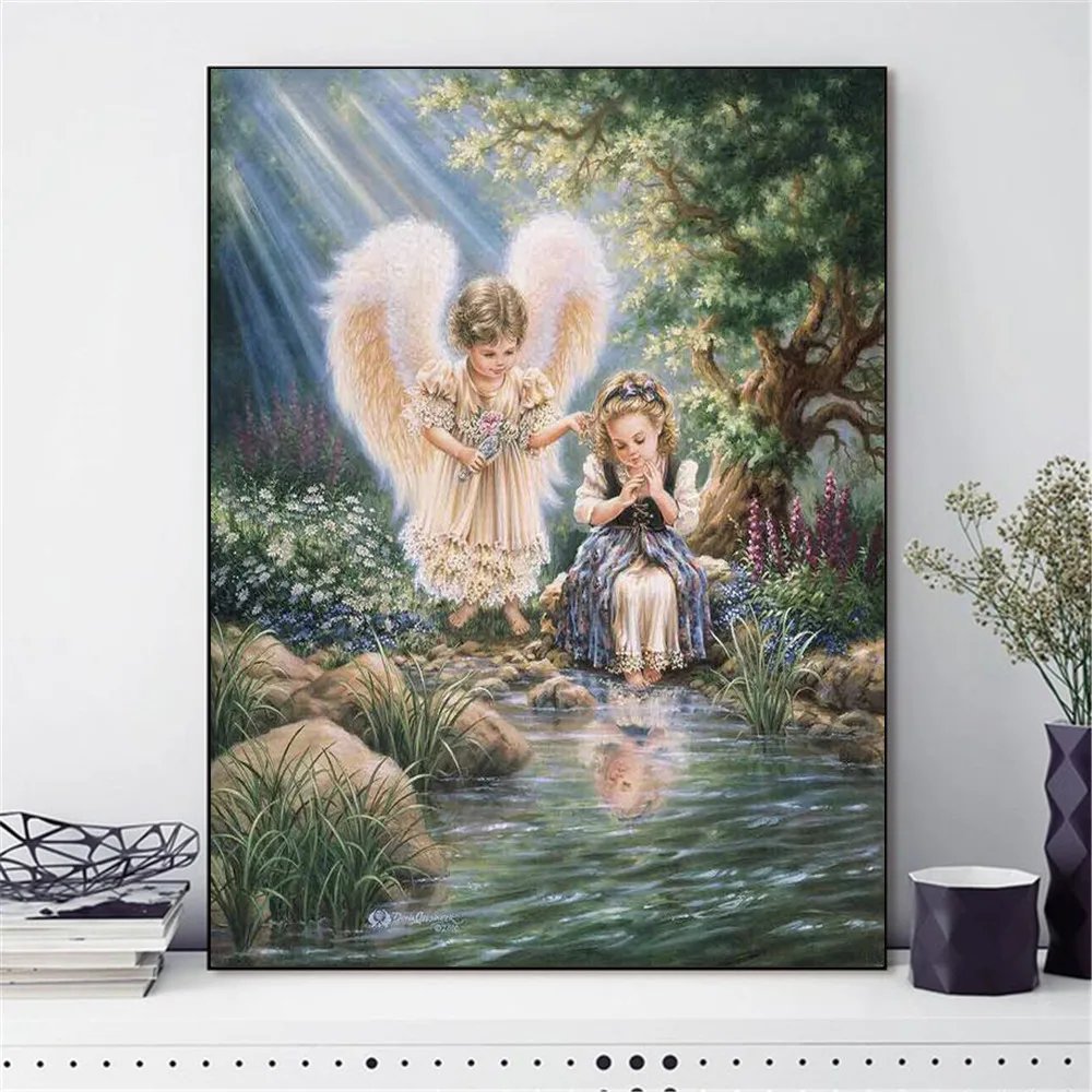 

HUACAN Cross Stitch Embroidery Angel Girl Portrait Cotton Thread Painting DIY Needlework DMC Kits 14CT Home Decoration