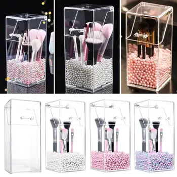 

Rectangle Plastic Clear Makeup Brush Storage Box Bucket with Cover Cosmetic Pens Organizer Pearls Holder Barrel