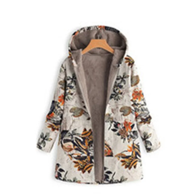 Fashion Female Jacket Plush Coat Women Hiking Jacket Winter Keep Warm Outwear Floral Print Hooded Pockets Vintage Oversize