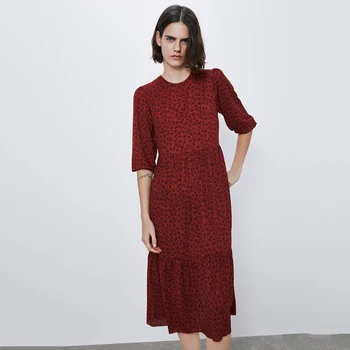 

ZA 2019 Autumn New Print Dress Women's Fashion Long-sleeved Round Neck Loose Casual Wild Red Print Dress Holiday Party Gift