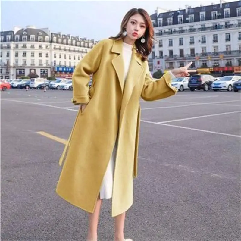 

Wool Blends Women's Coats Winter Korean Long Elegant Belted Jackets Pockets Solid Loose Plus Size Coats Female Overcoat
